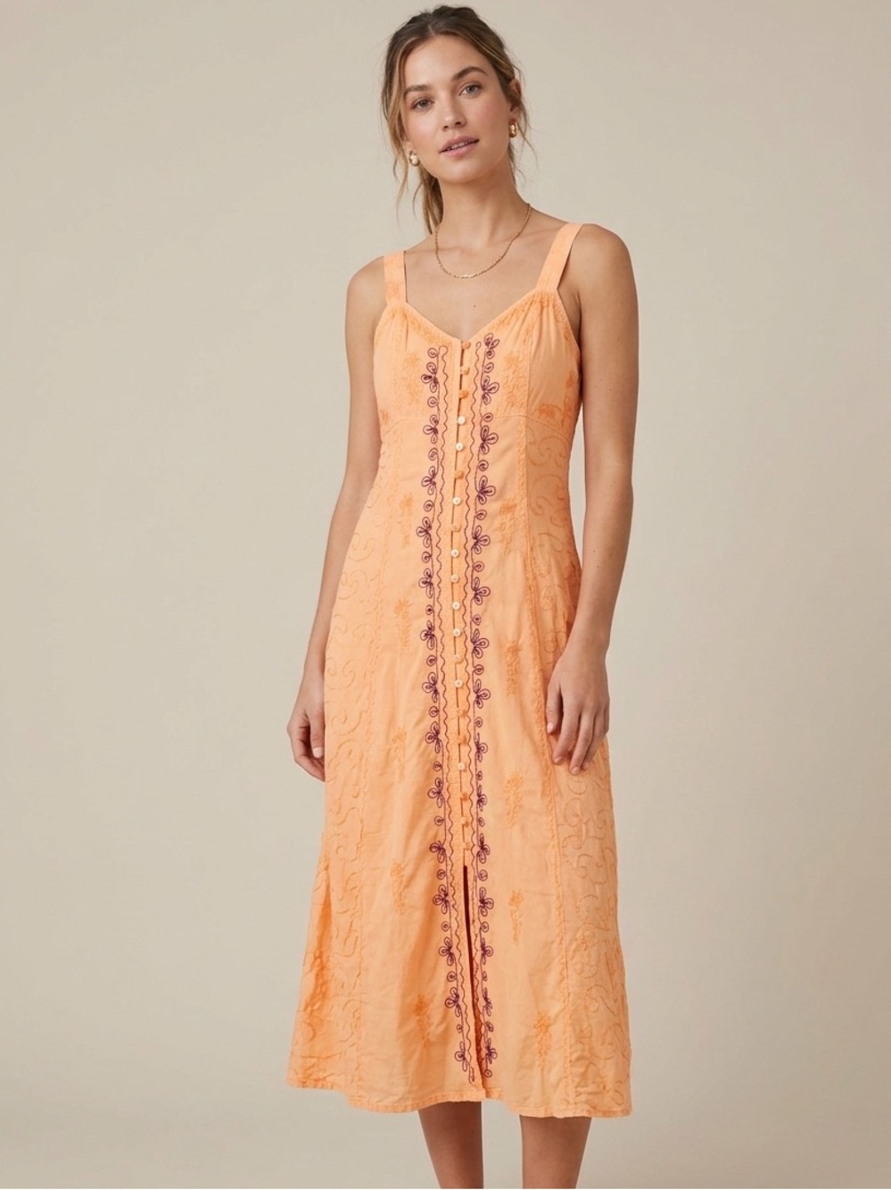 Raja Orange Embroidered Spaghetti-Strap Maxi Dress